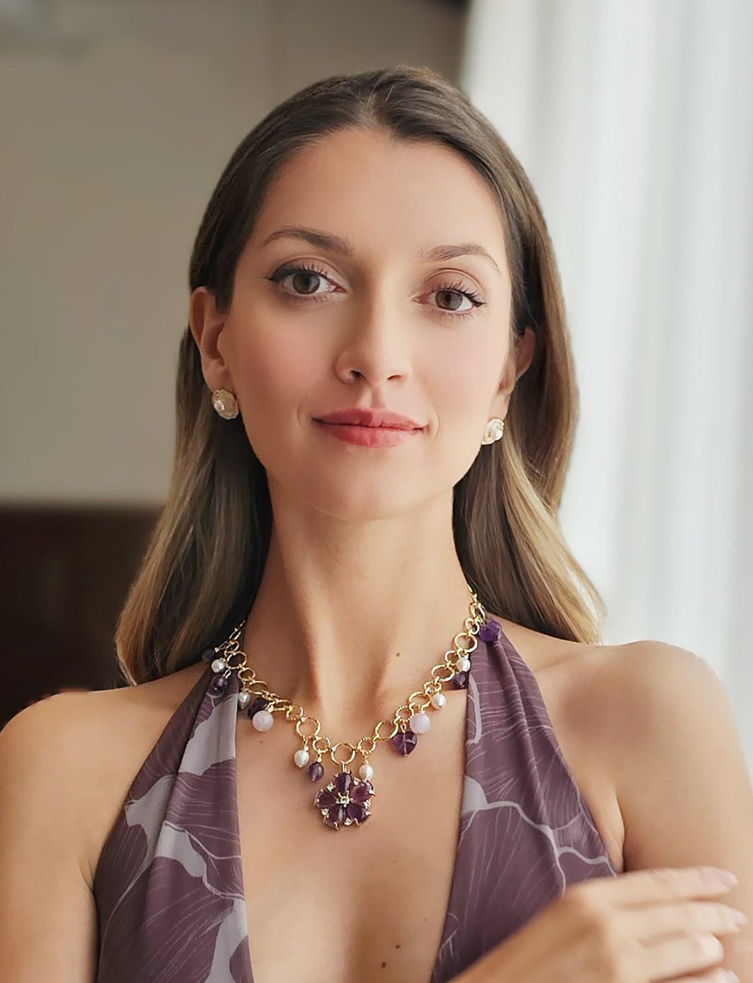 Enamel Flower Stud Earrings With Freshwater Pearl RE021