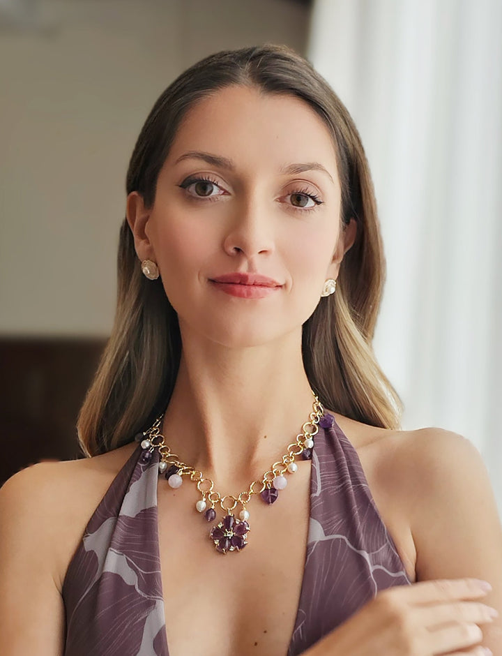 Enamel Flower Stud Earrings With Freshwater Pearl RE021