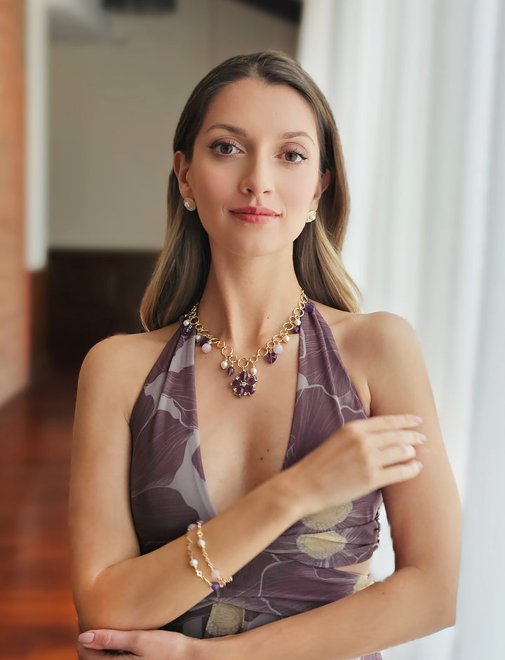 Rose quart Amethyst And Freshwater Pearl Double Layers Chain Bracelet RB015