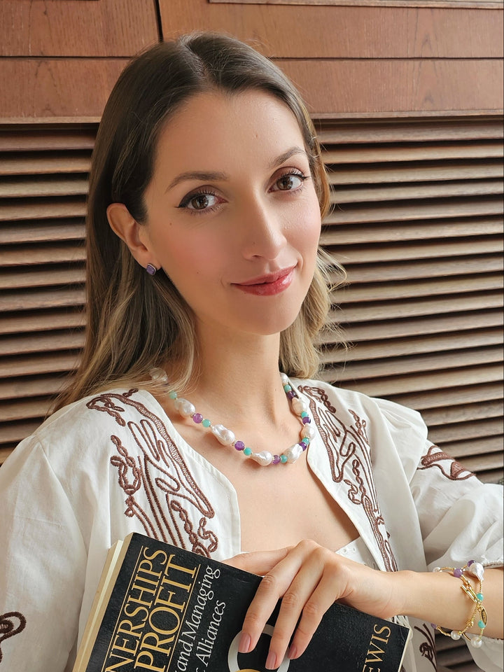 Elegant Baroque Pearls With Amethyst & Amazonite Necklace RN002