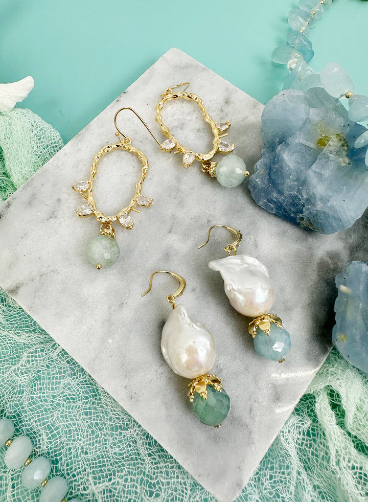 Baroque Pearl With Aquamarine Dangle Earrings JE033 - FARRA