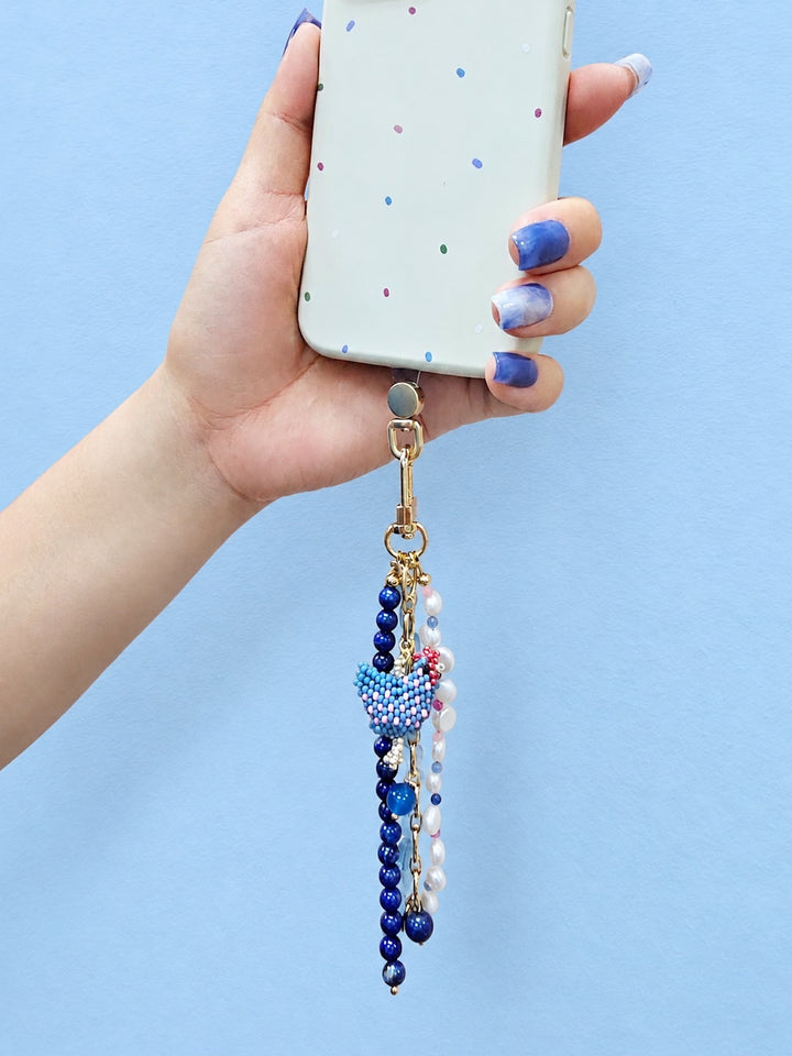 Handcrafted Chicken Charm Lapis Aquamarine And Pearls Tassel Phone Strap / Bag Charm PC111