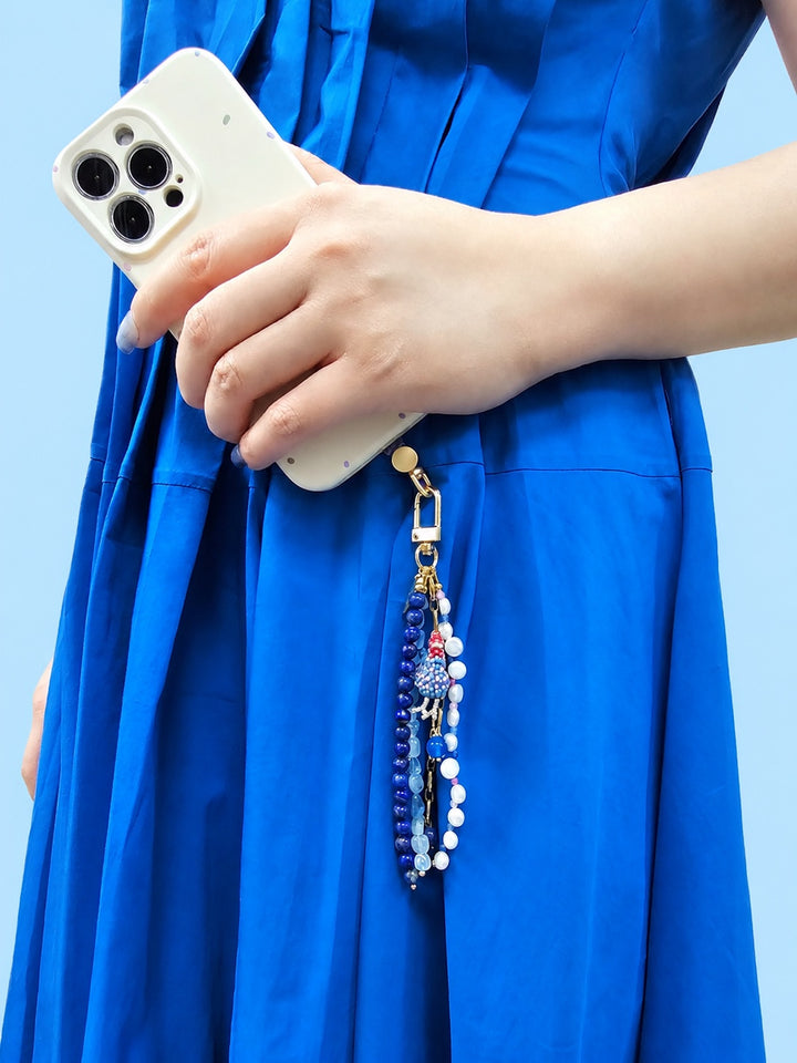 Handcrafted Chicken Charm Lapis Aquamarine And Pearls Tassel Phone Strap / Bag Charm PC111