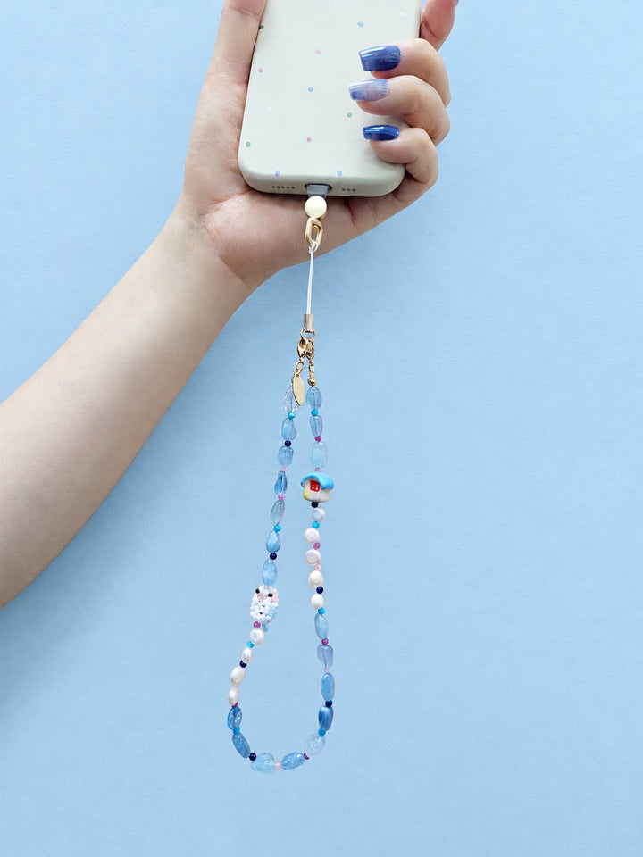 Handcrafted Bird & Ceramic House Aquamarine Pearl Phone Strap PC126