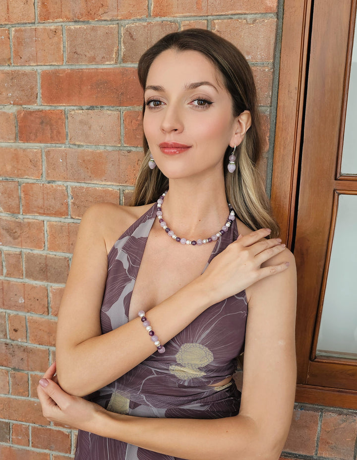 Mixed Shade Amethyst And Freshwater Pearl Beaded Necklace RN021