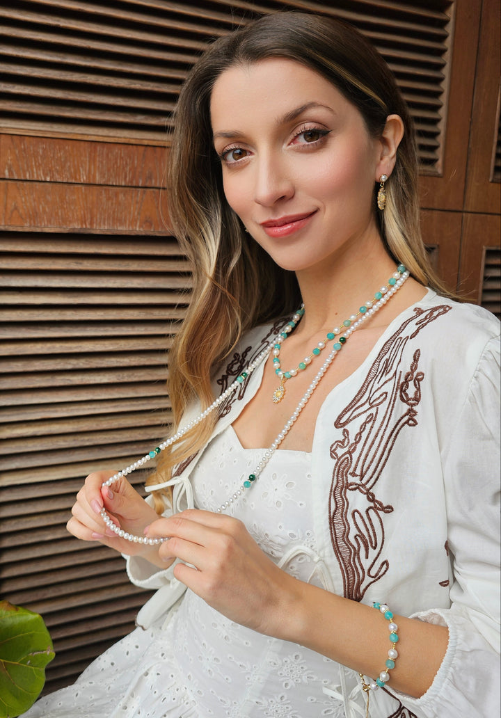 Versatile Freshwater Pearls With Green Gemstone Long Necklace RN005