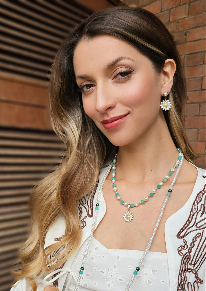 Freshwater Pearl & Green Amazonite Daisy Pendant Necklace RN004