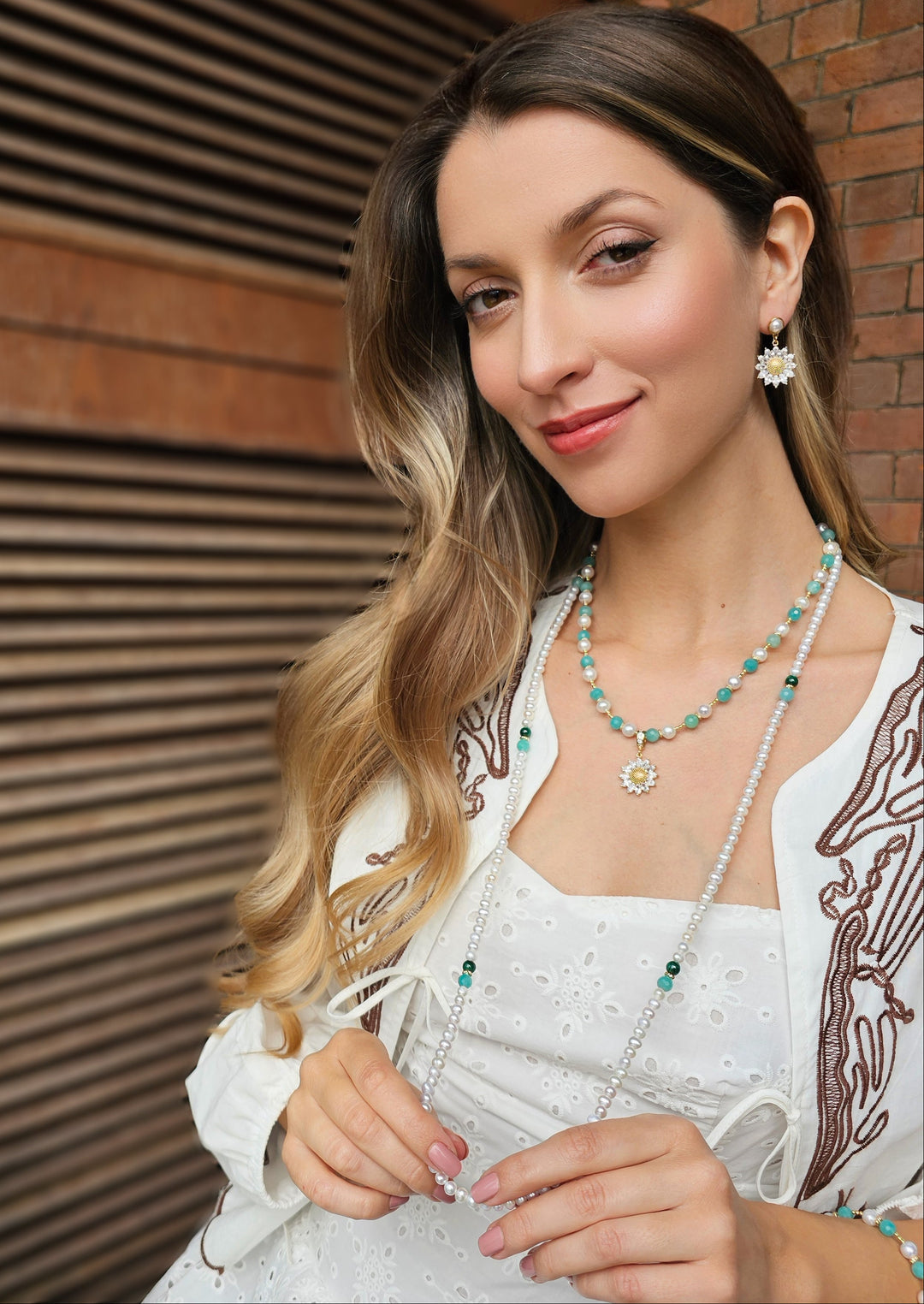 Versatile Freshwater Pearls With Green Gemstone Long Necklace RN005