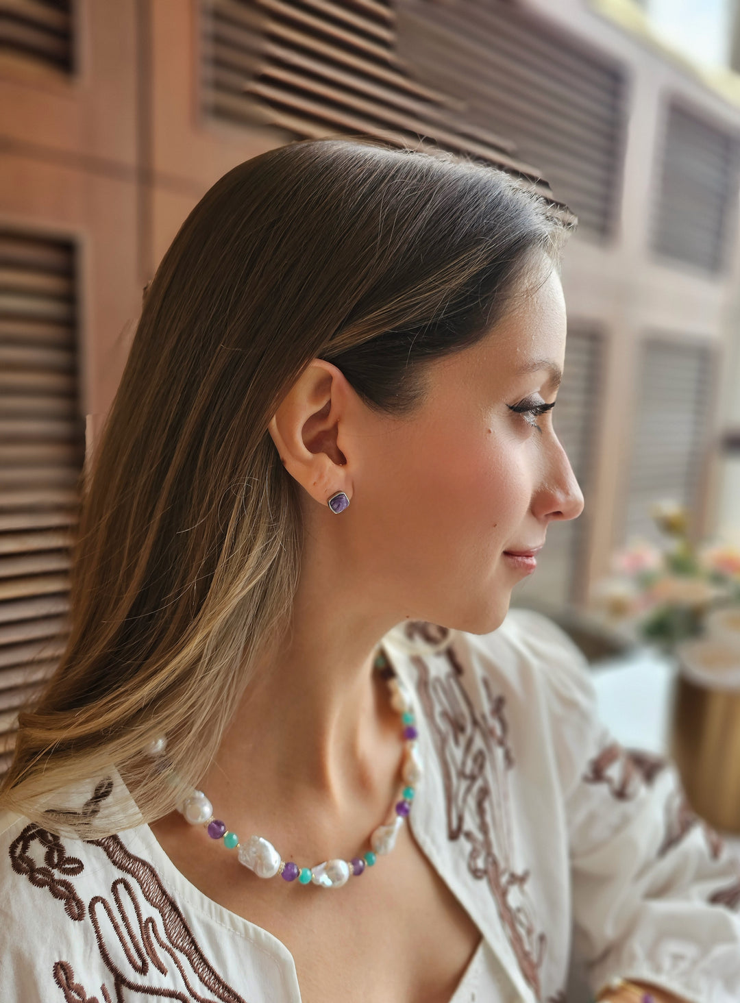Elegant Baroque Pearls With Amethyst & Amazonite Necklace RN002