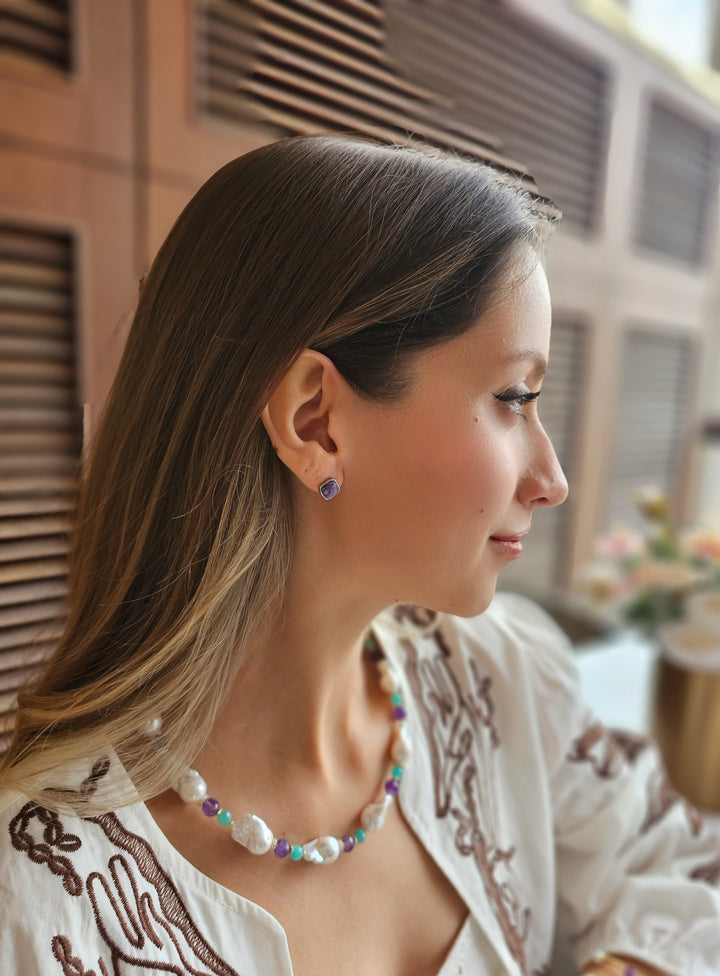 Elegant Baroque Pearls With Amethyst & Amazonite Necklace RN002