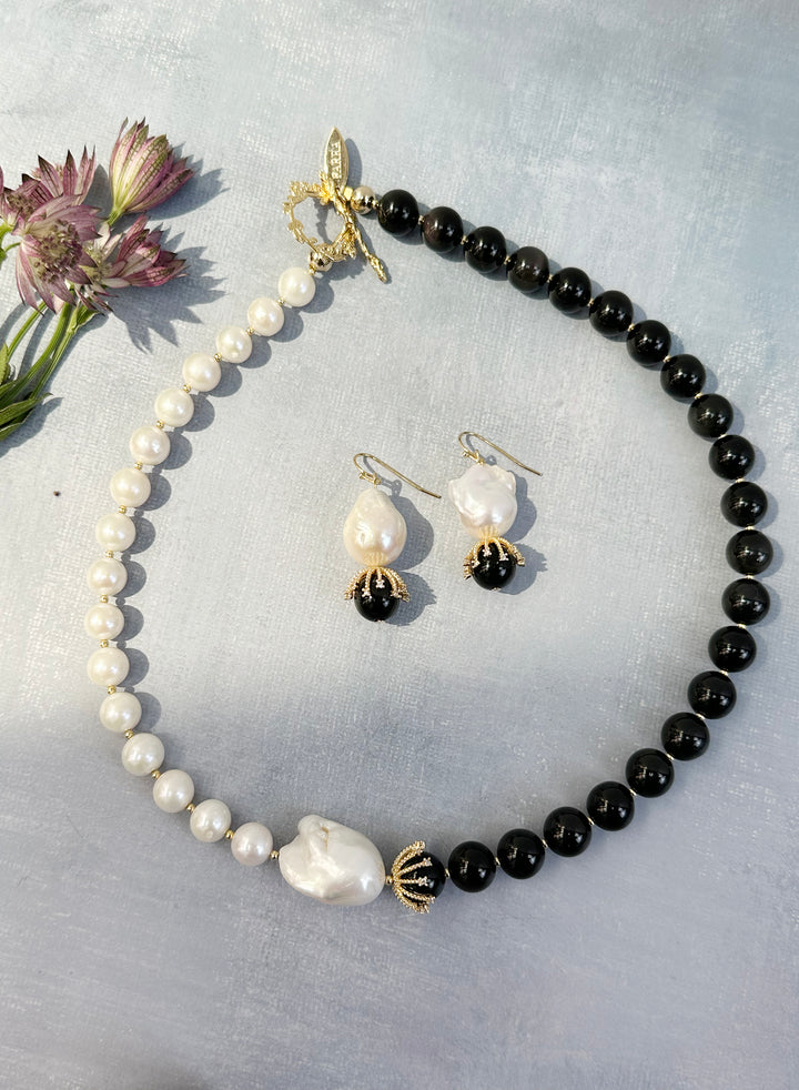 Freshwater Pearls With Black Obsidian Necklace JN060 - FARRA
