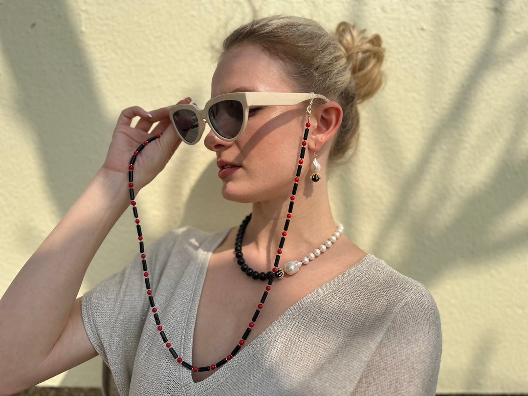 Black Obsidian With Red Coral Multi-Way Sunglasses Chain EC005 - FARRA