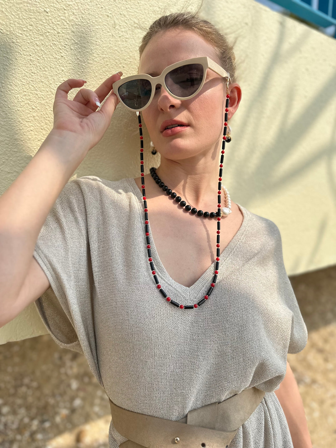 Black Obsidian With Red Coral Multi-Way Sunglasses Chain EC005 - FARRA