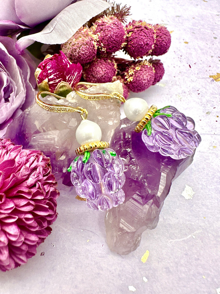 Purple Glass Raspberry with Freshwater Pearls Earrings LE015