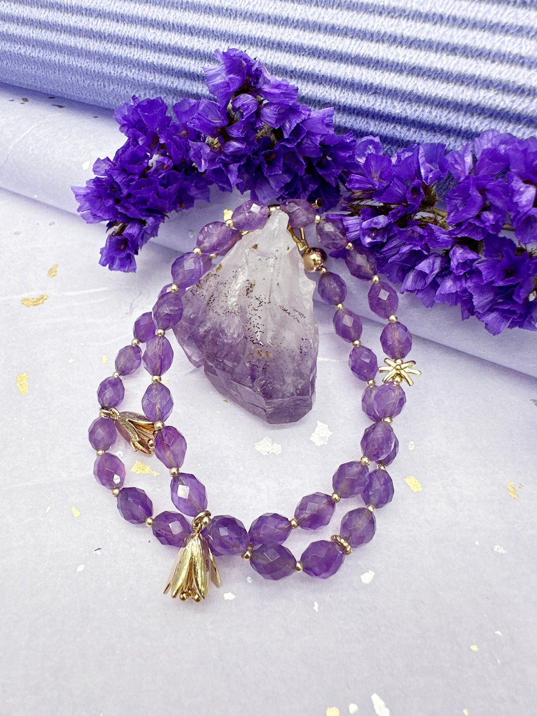 Amethyst with Flower Charms Double Layers Bracelet/ Choker LB005