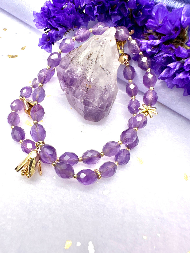Amethyst with Flower Charms Double Layers Bracelet/ Choker LB005