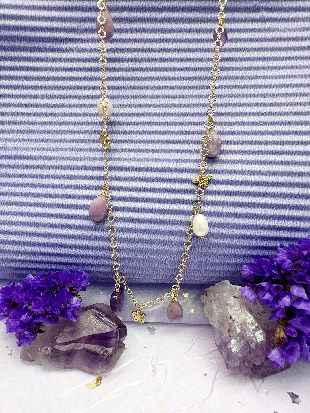 Amethyst and Freshwater Pearl Delicate Charm Necklace LN016