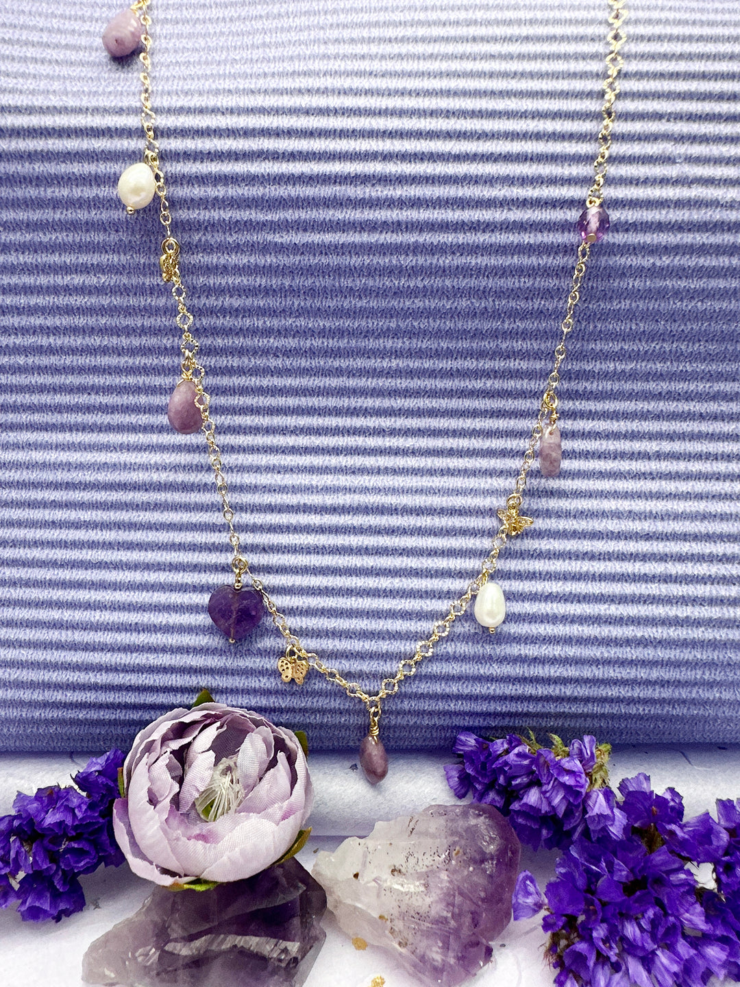 Amethyst and Freshwater Pearl Delicate Charm Necklace LN016
