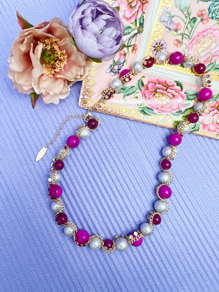 Gray Freshwater Pearls With Magenta Gemstone Statement Necklace LN012