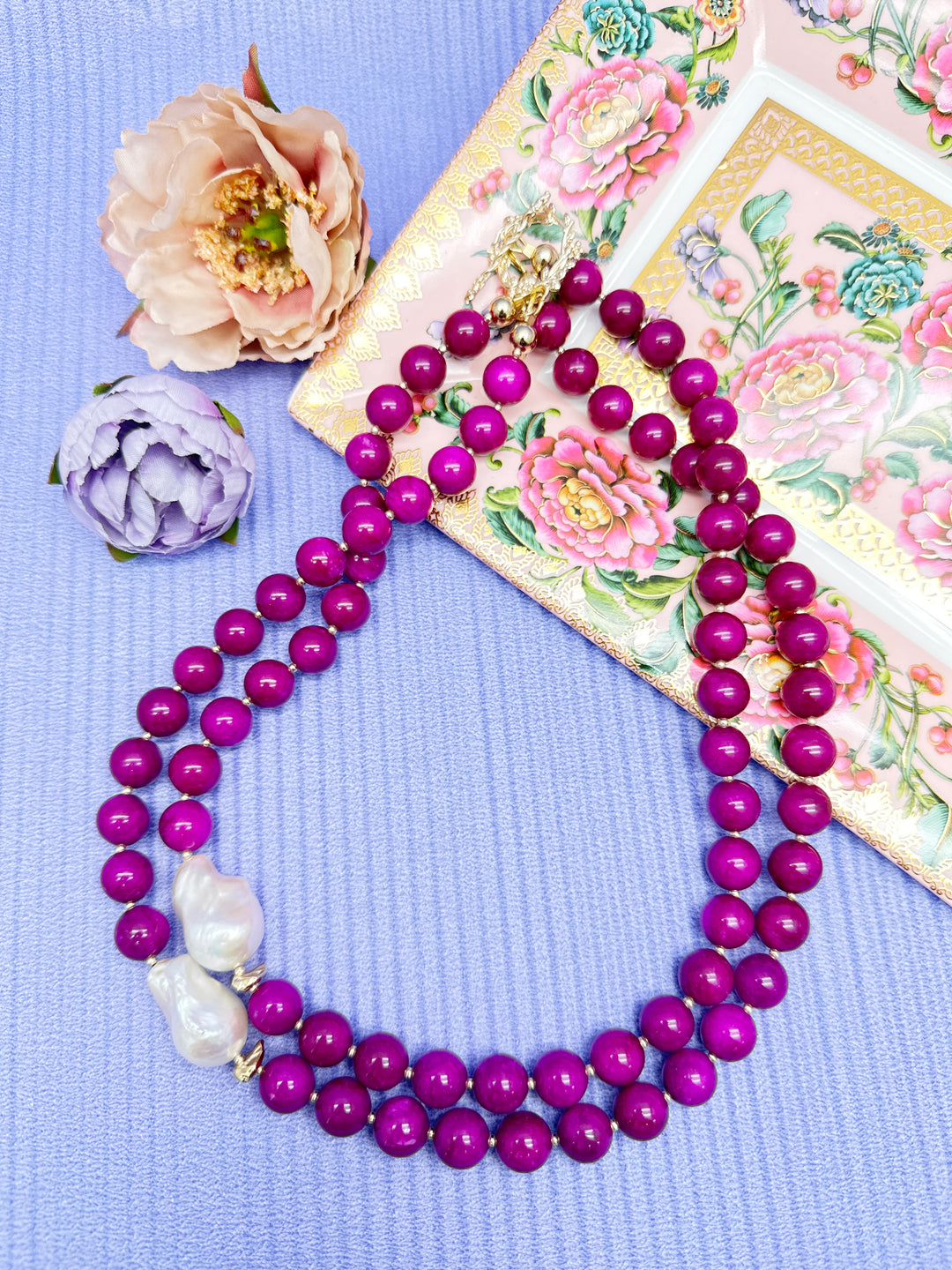 Magenta Gemstones With Baroque Pearls Double Layers Necklace LN014
