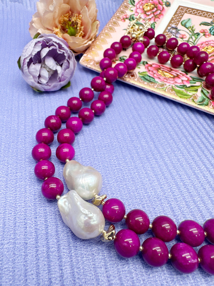 Magenta Gemstones With Baroque Pearls Double Layers Necklace LN014