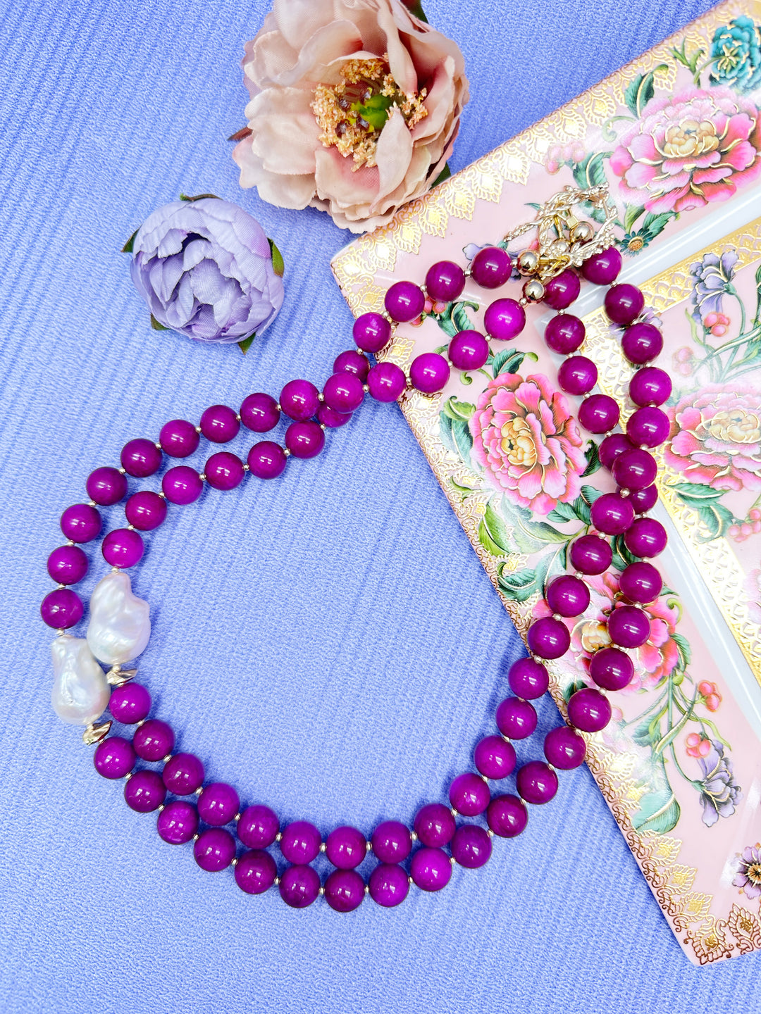 Magenta Gemstones With Baroque Pearls Double Layers Necklace LN014