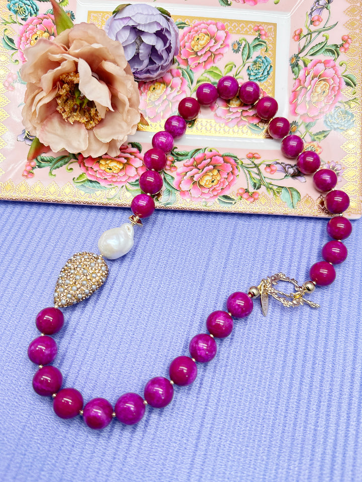 Magenta Gemstone with Baroque Pearl Pendant Statement Necklace LN013