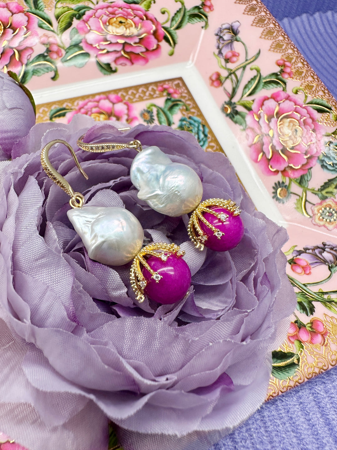 Baroque Pearls and Magenta Gemstone Earrings LE009