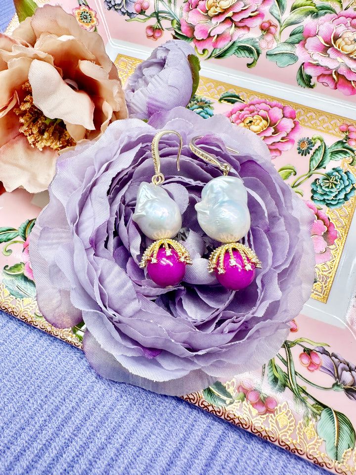 Baroque Pearls and Magenta Gemstone Earrings LE009