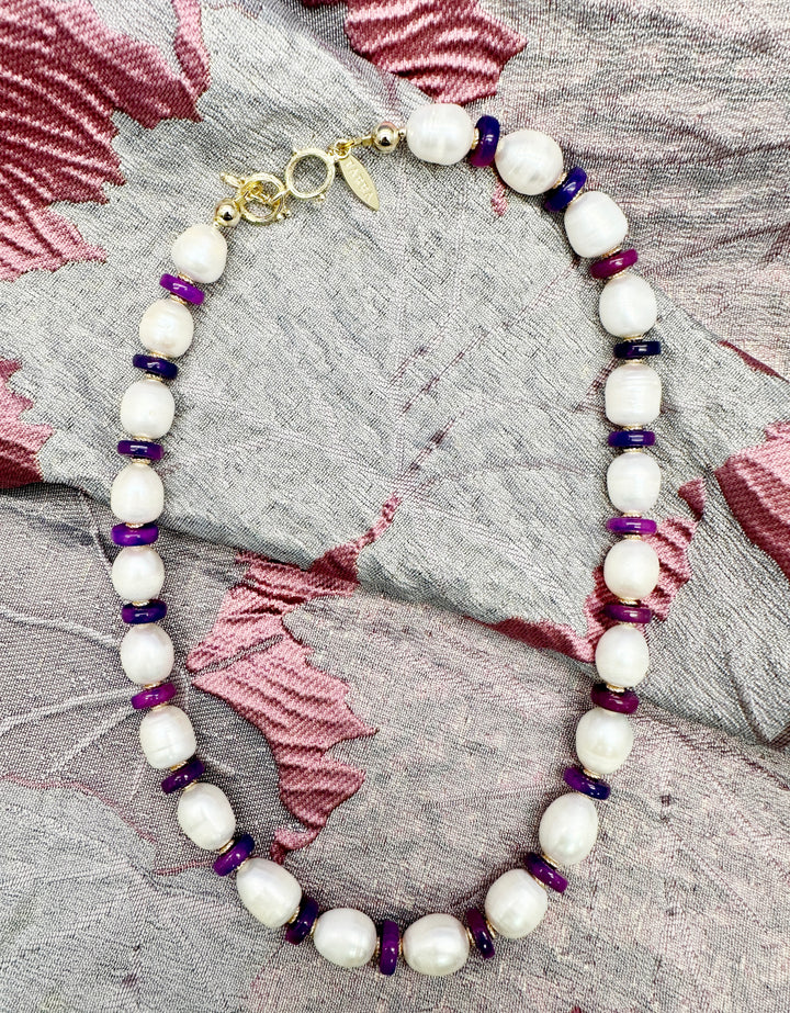 Natural Cultured Freshwater Pearls with Purple Gemstone Necklace LN011