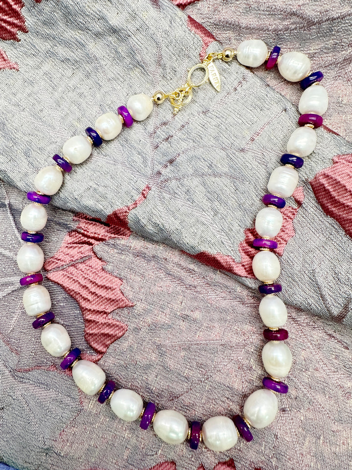 Natural Cultured Freshwater Pearls with Purple Gemstone Necklace LN011