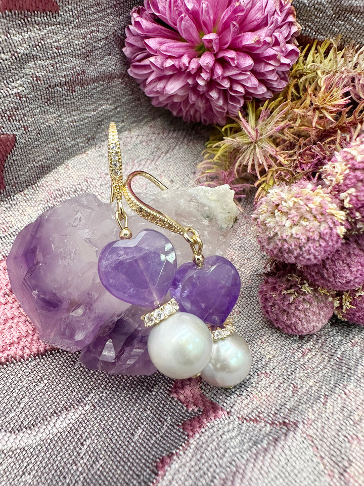 Heart Shaped Amethyst With Gray Freshwater Pearl Earrings LE010