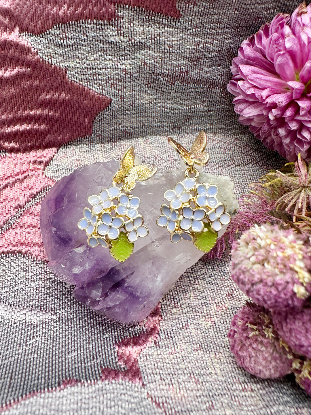 Purple Flower with Butterfly Stud Earrings LE016