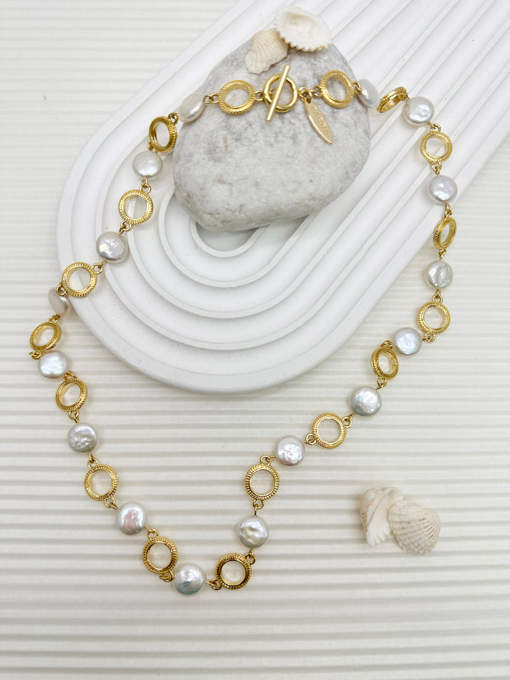 Gold Chain with Coin-Shaped Freshwater Pearls Necklace LN057