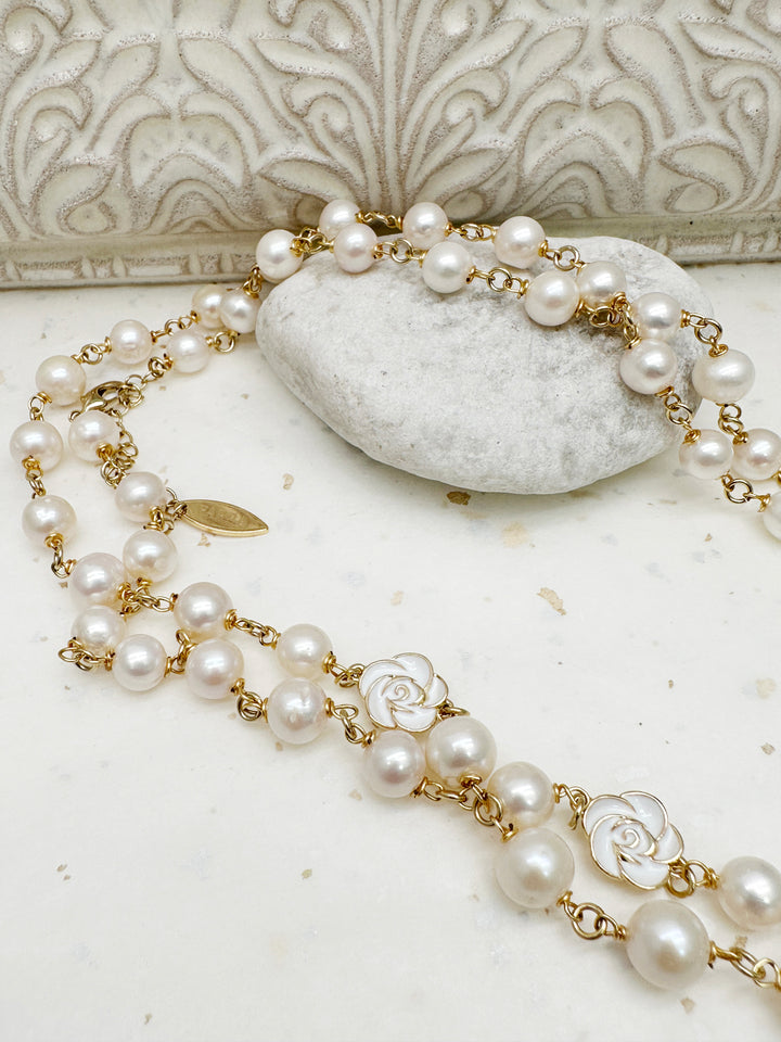 Timeless Freshwater Pearls with White Rose Flowers Long Necklace LN061