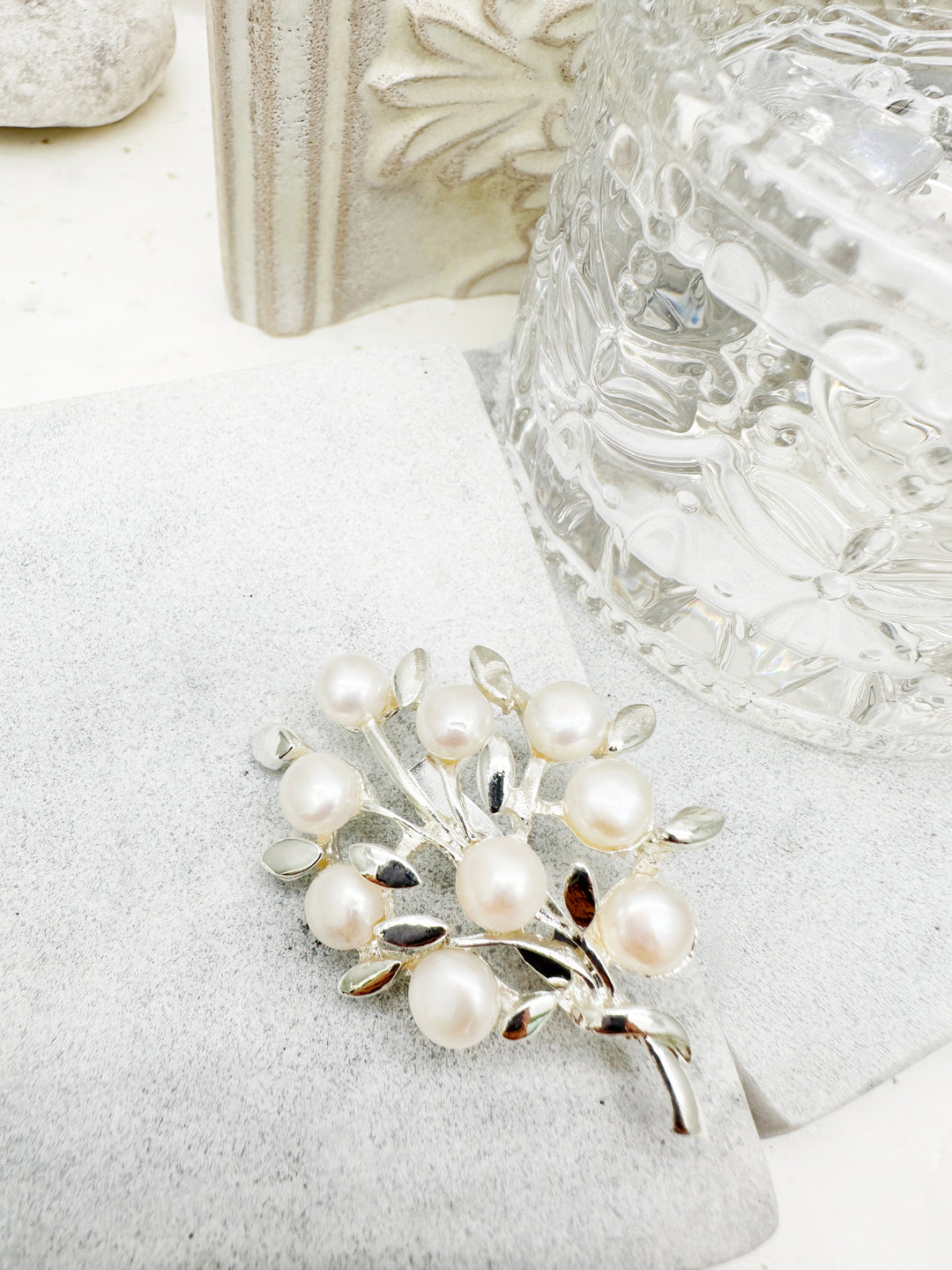 Silver Color Leaf Adorned with Freshwater Pearls Brooch LP006