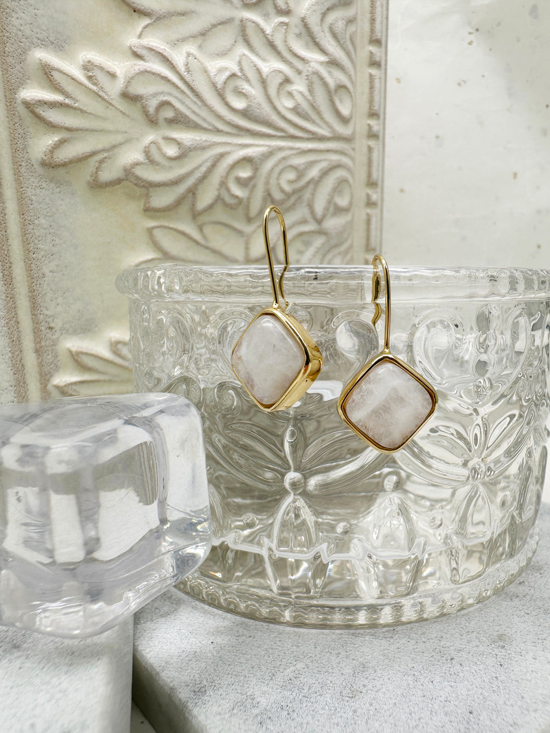 Minimalist Square Shaped Moonstone Hook Earrings LE036