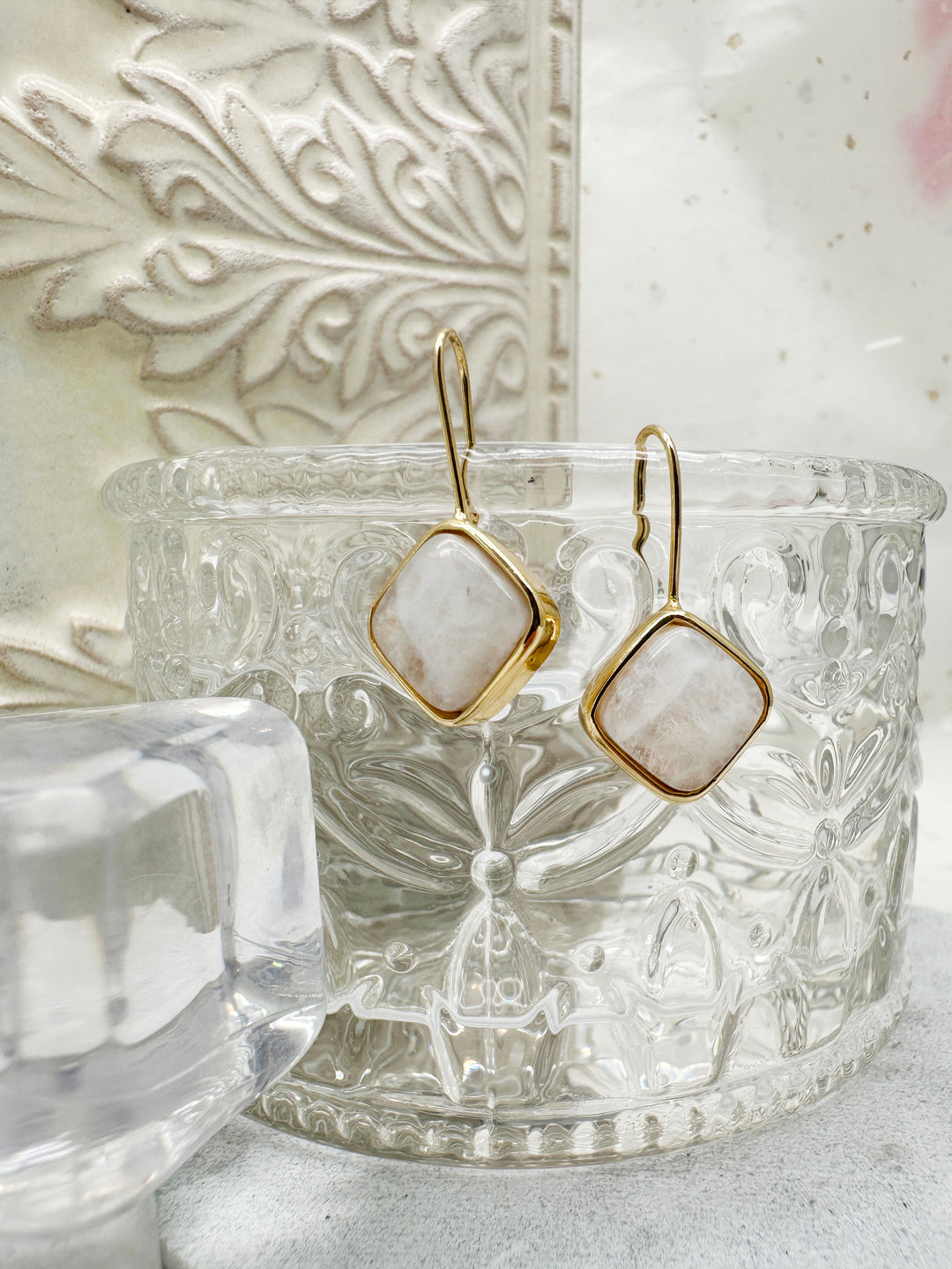 Minimalist Square Shaped Moonstone Hook Earrings LE036