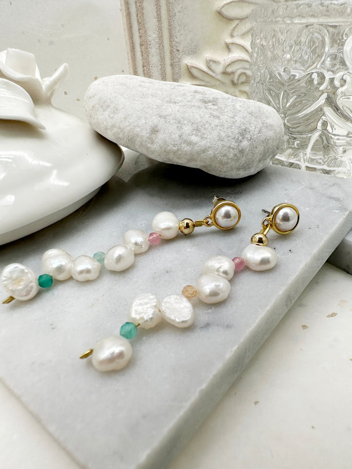 Flower Petal Freshwater Pearls With Colorful Stones Earrings LE035