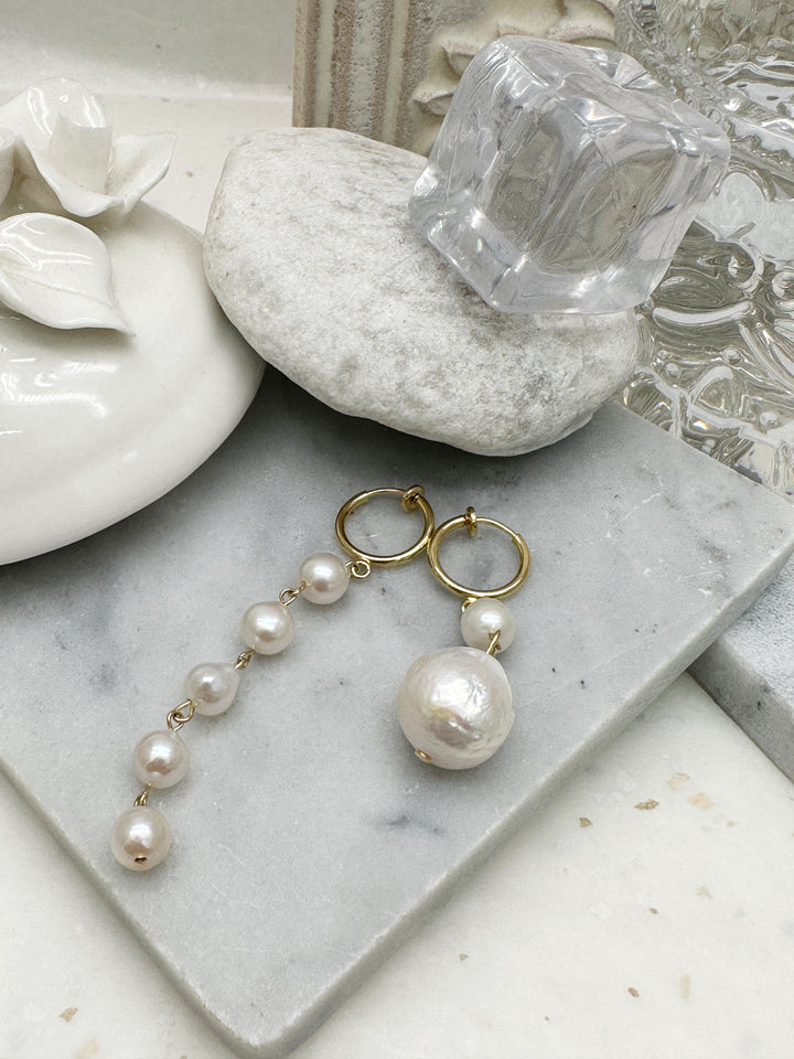 Asymmetric Baroque Pearls Dangle Clip-On Earrings LE037
