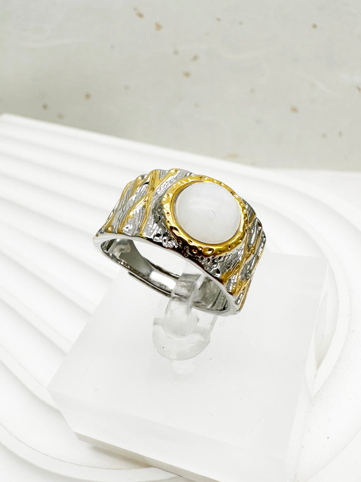 White Moonstone Platinum Plated Brass Adjustable Ring LR009