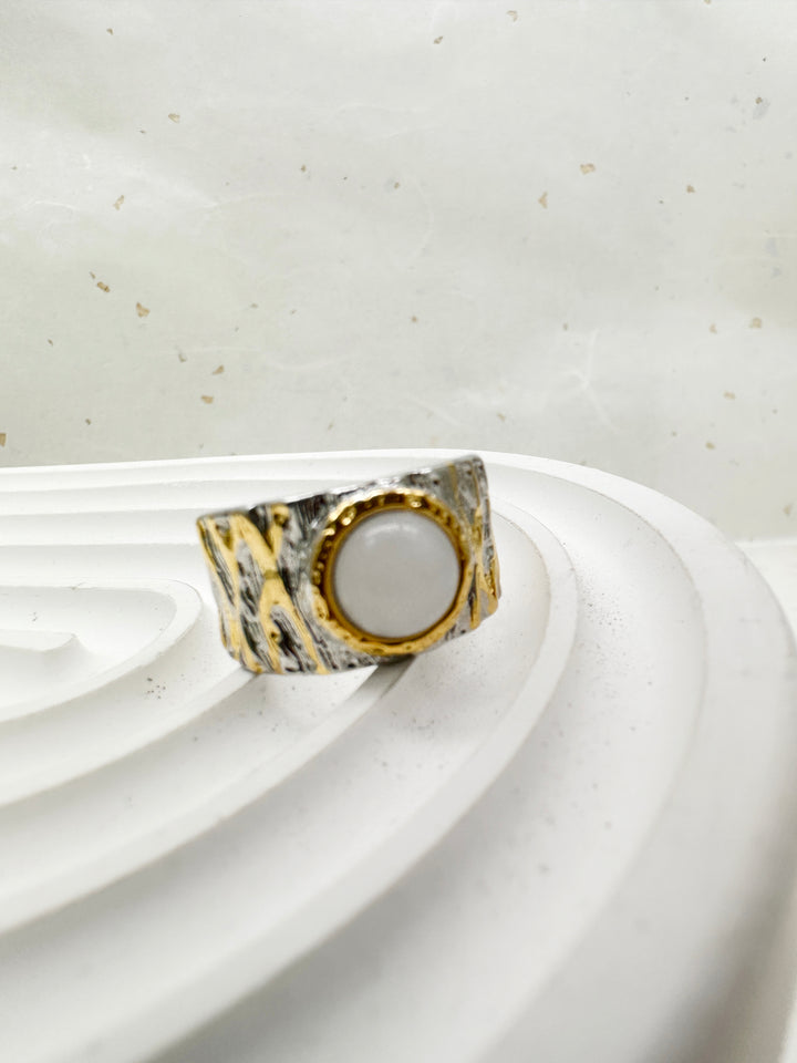 White Moonstone Platinum Plated Brass Adjustable Ring LR009