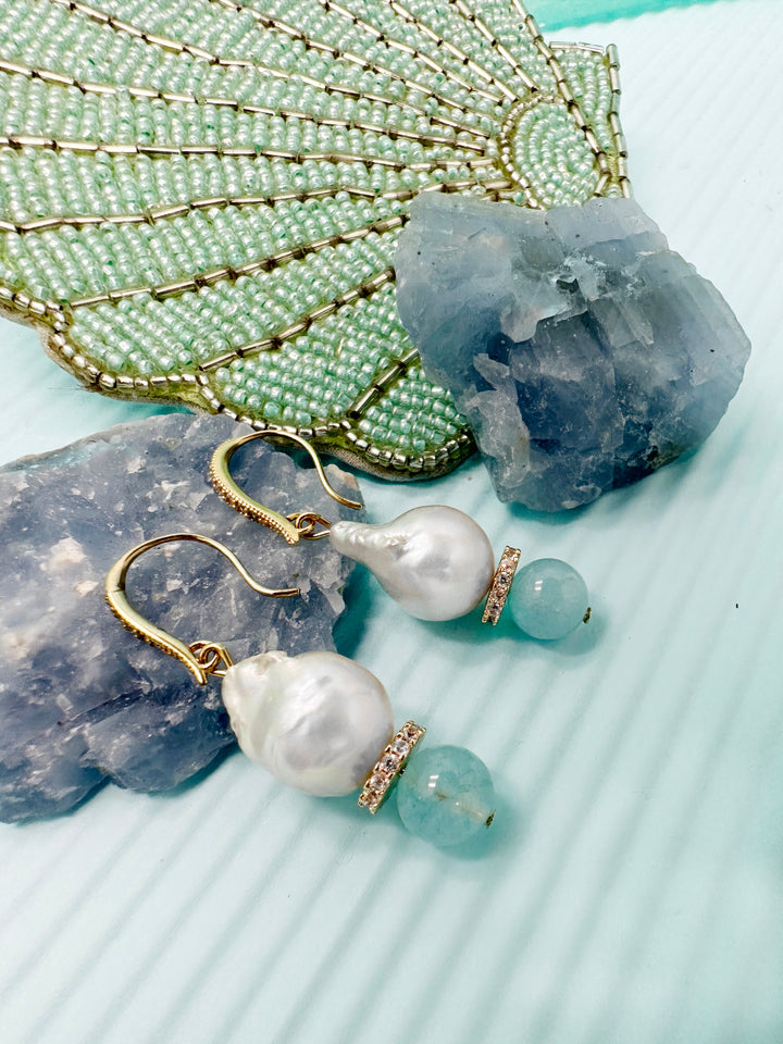 Natural Baroque Pearls with Blue Aquamarine Earrings LE019