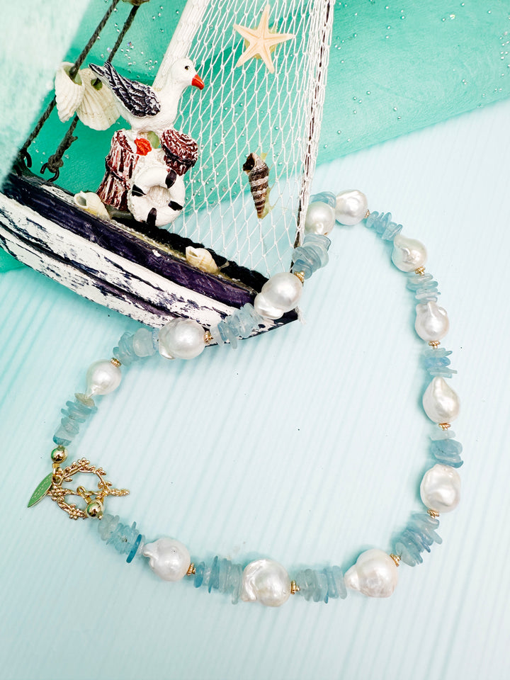 Baroque Pearls with Irregular Aquamarine Statement Necklace LN024