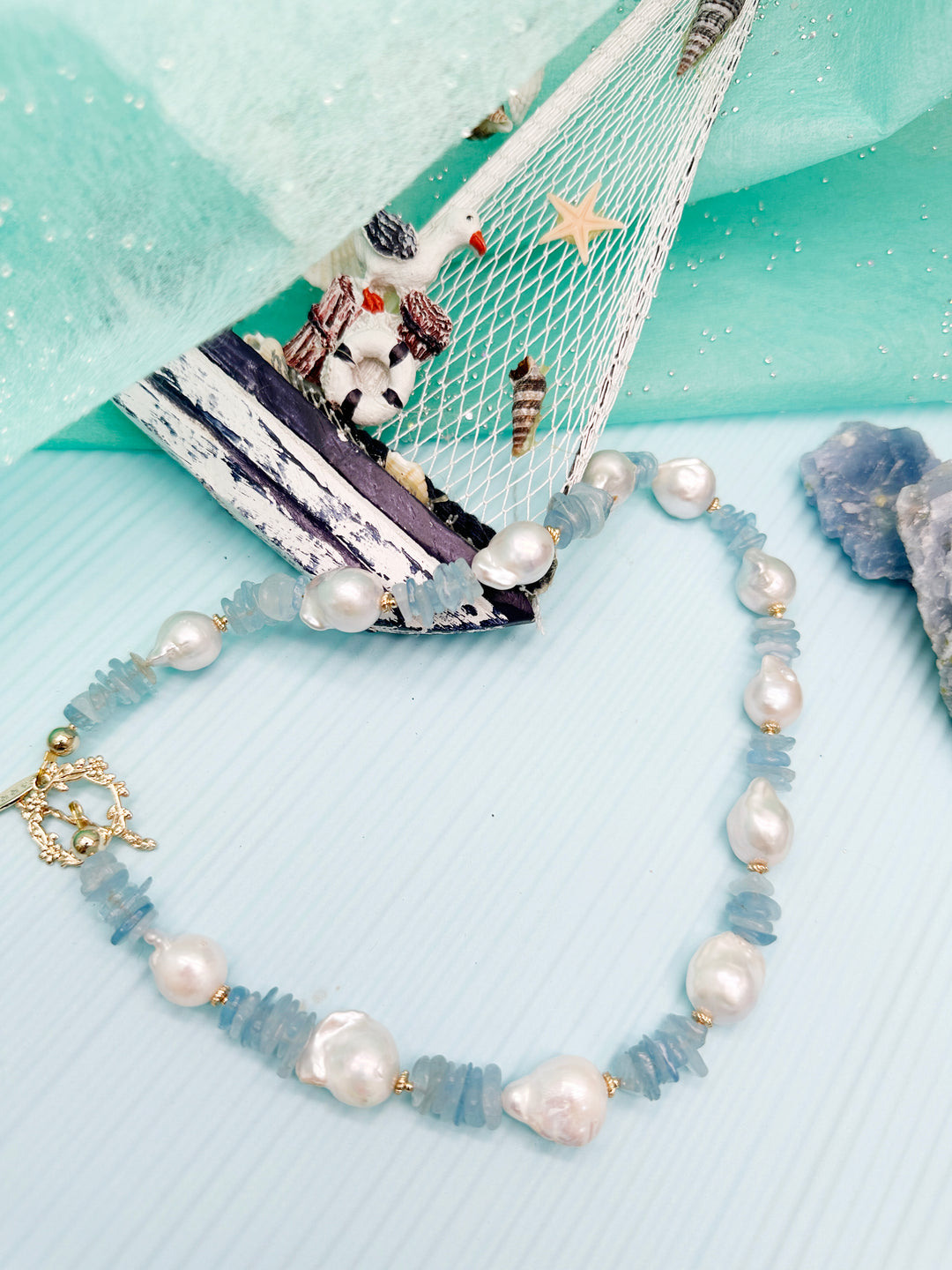Baroque Pearls with Irregular Aquamarine Statement Necklace LN024