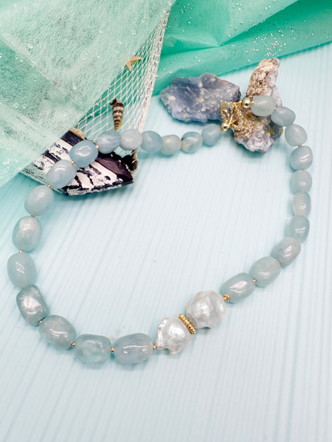 Nugget Aquamarine with Natural Baroque Pearls Necklace LN025