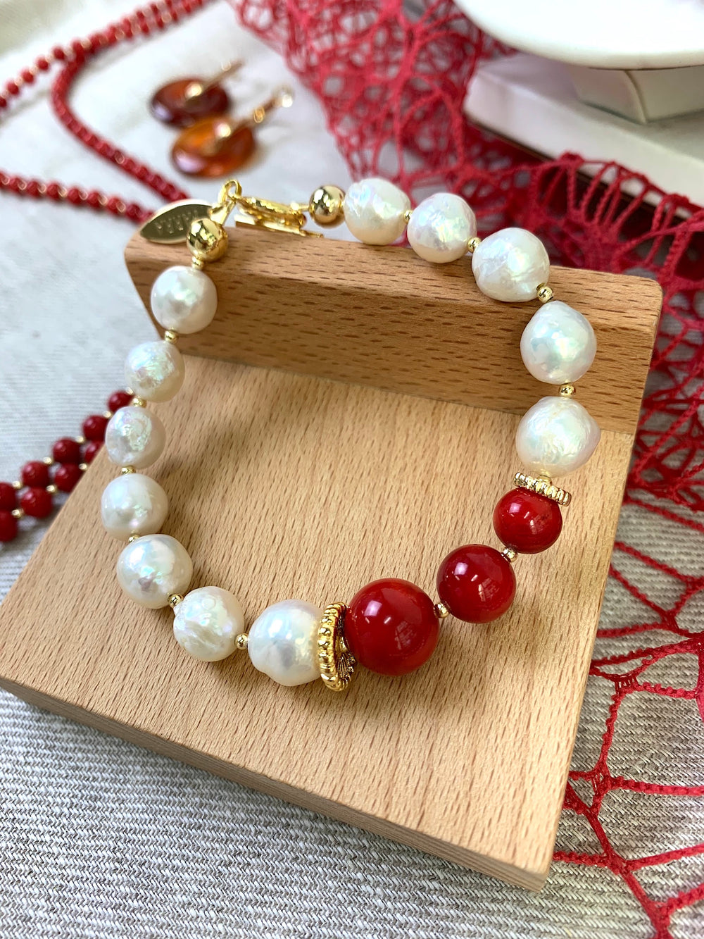 Freshwater Pearls with Red Coral Bracelet EB005 - FARRA