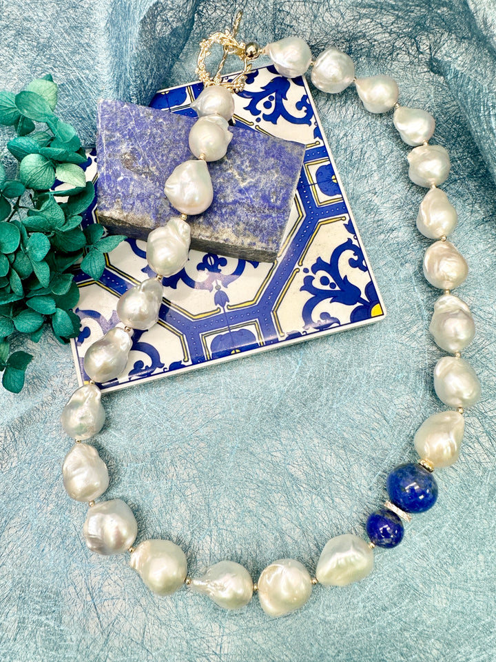 Baroque Pearls with Blue Lapis Chunky Necklace LN036
