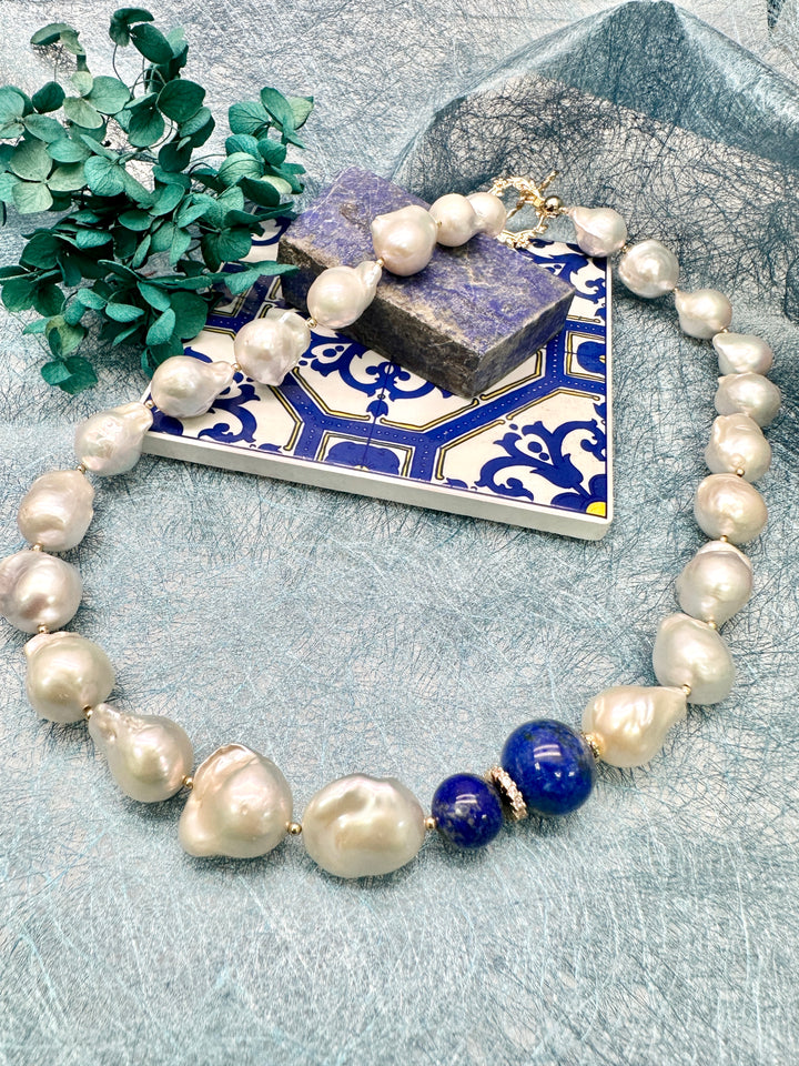 Baroque Pearls with Blue Lapis Chunky Necklace LN036