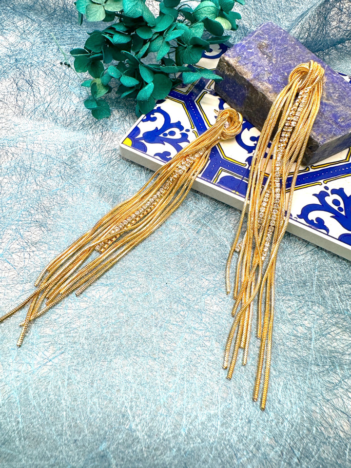 Gold With zircon Long Tassel Earrings LE023